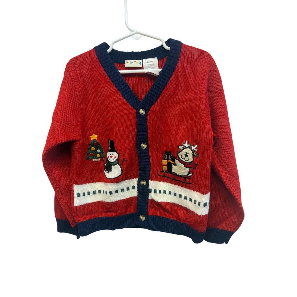 Baby Togs y2k size 4t Red Christmas Sweater Cardigan Snowman reindeer